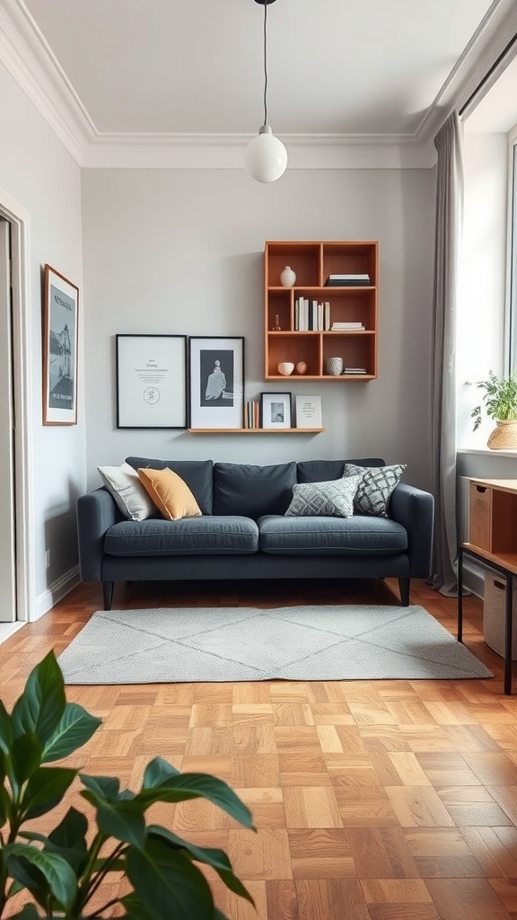 A stylish dark gray couch in a modern living room with wooden flooring and wall-mounted shelves.