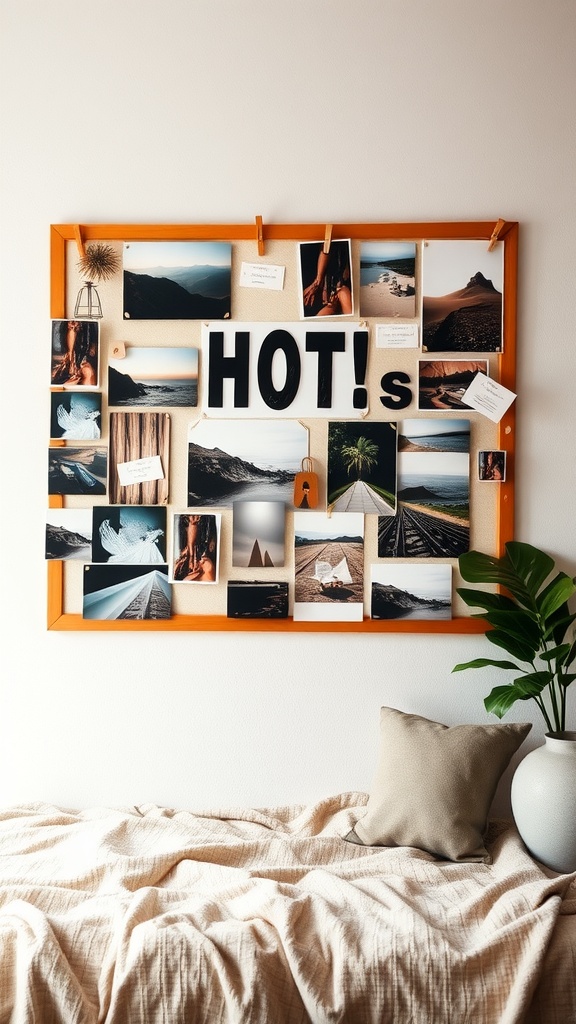 A mood board featuring various photos, notes, and a decorative 'HOT!' sign, with a cozy bed and a plant in a dorm room setting.