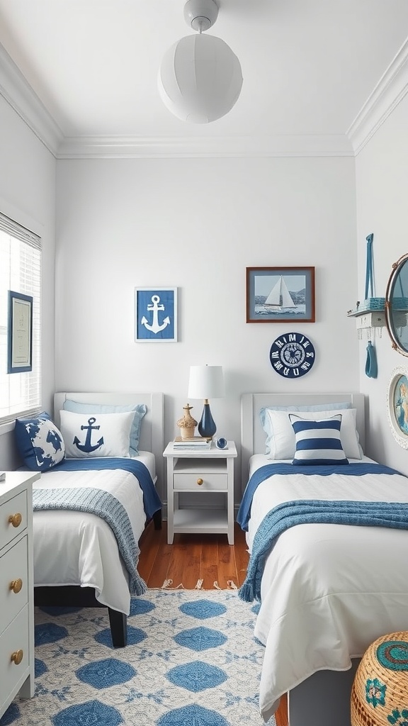 A shared bedroom with nautical theme featuring two beds, blue and white decor, and decorative pillows.