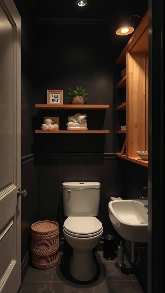 Small dark bathroom with integrated wooden shelving above toilet