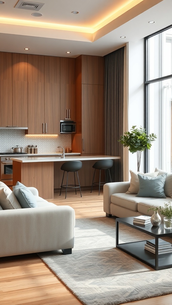 A modern living room and kitchen integration featuring wooden cabinetry, bar stools, and ample natural light.