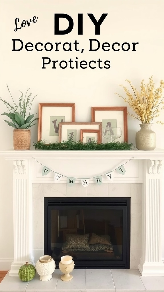 Spring mantle decoration with greenery, picture frames, and a playful banner.