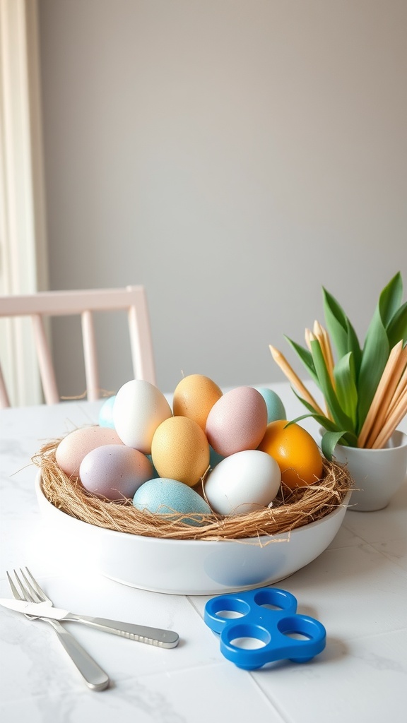 A bowl filled with colorful Easter eggs in a nest, alongside a green plant and a blue egg holder on a table.