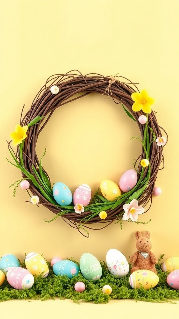 A decorative Easter egg wreath made of vines, adorned with pastel eggs and flowers, with a bunny figure nearby.