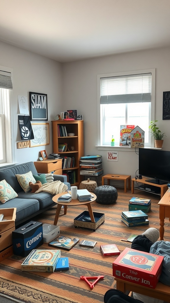 A cozy dorm living room with a game corner featuring scattered board games, a comfortable couch, and a warm atmosphere.