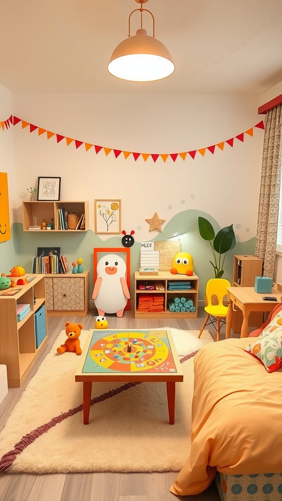 A colorful bedroom with a game table, vibrant decor, and playful toys creating an interactive game zone.