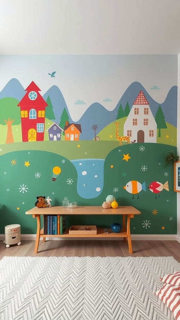 A colorful wall mural featuring houses, a giraffe, and fish in a children's bedroom.