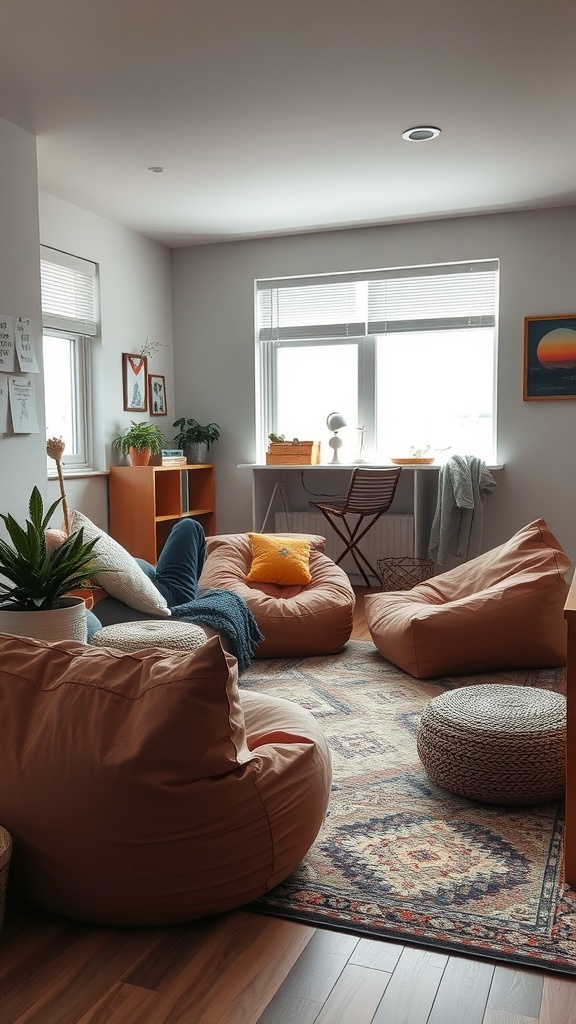 Cozy dorm lounge area with bean bags, a rug, plants, and a desk