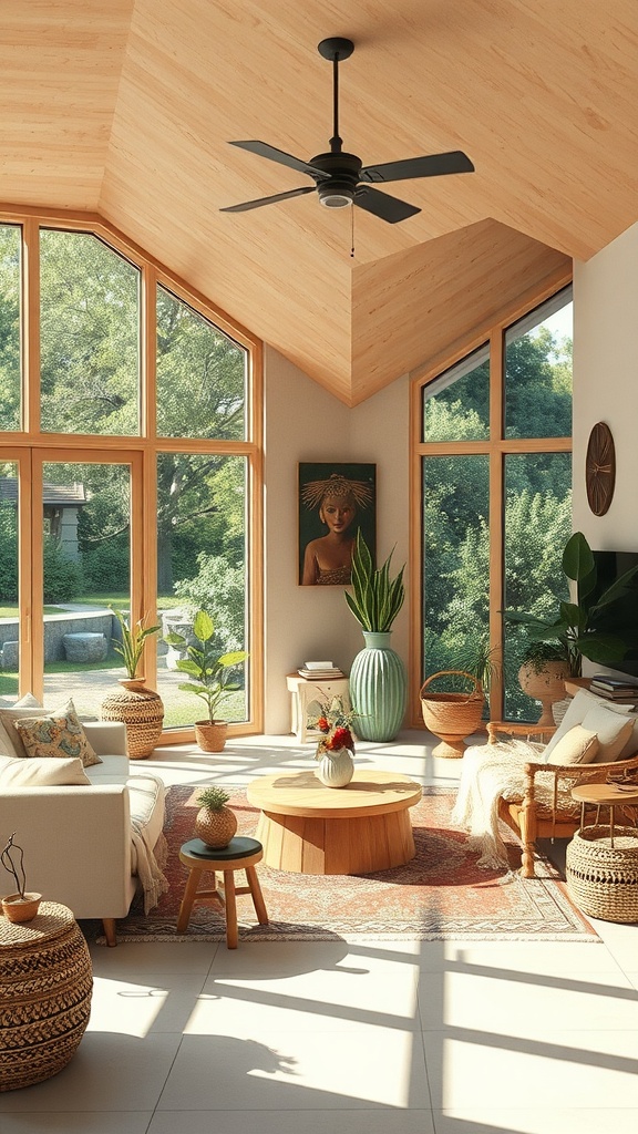 Modern boho living room with large windows, plants, and a natural wood coffee table.