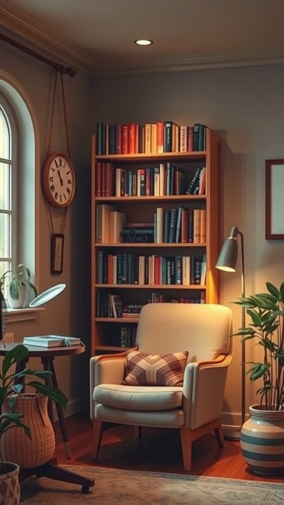 Cozy reading corner in a cottagecore aesthetic living room with a plush chair, bookshelf, and plants