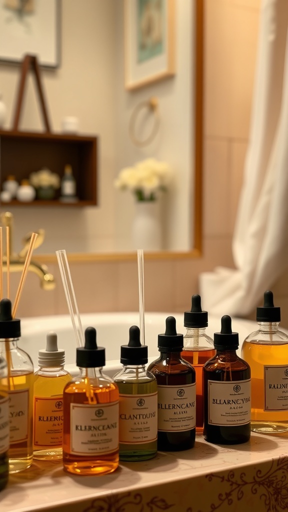 A collection of scented oils displayed in a warm bathroom setting