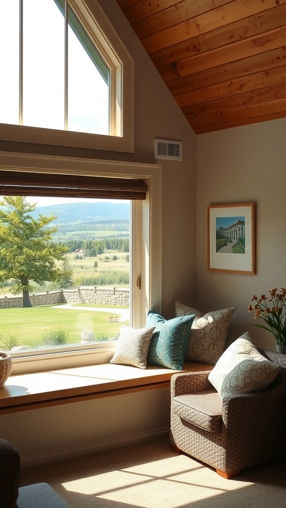 A cozy window seat with cushions overlooking a scenic view.