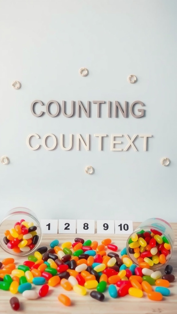 Colorful jelly beans scattered on a table with jars and counting numbers