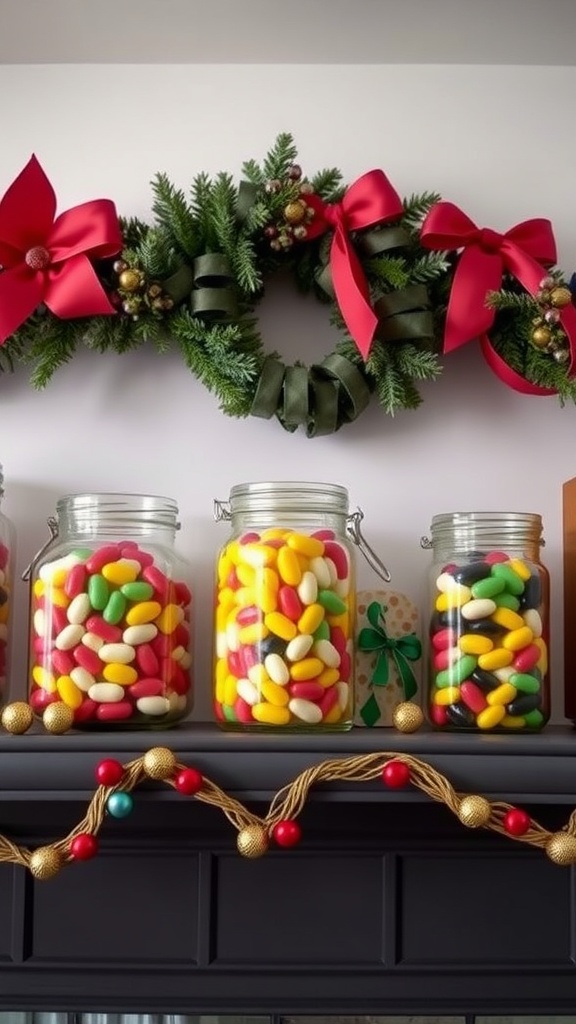 Colorful jelly beans in jars as Easter decor