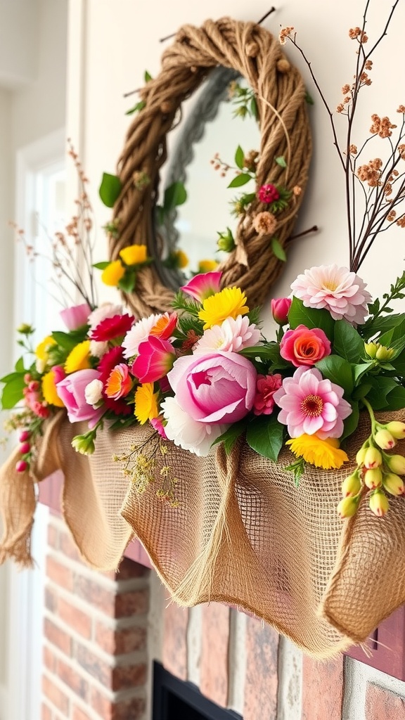 Easter garland with jute twine and colorful flowers on a mantel