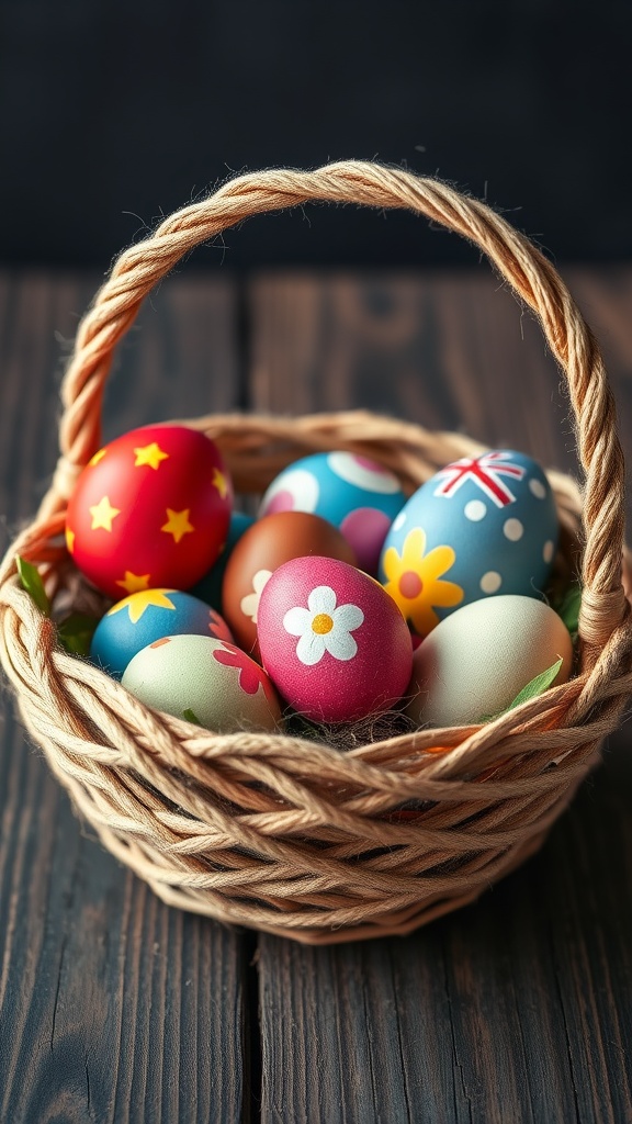 A jute twine wrapped basket filled with colorful Easter eggs.