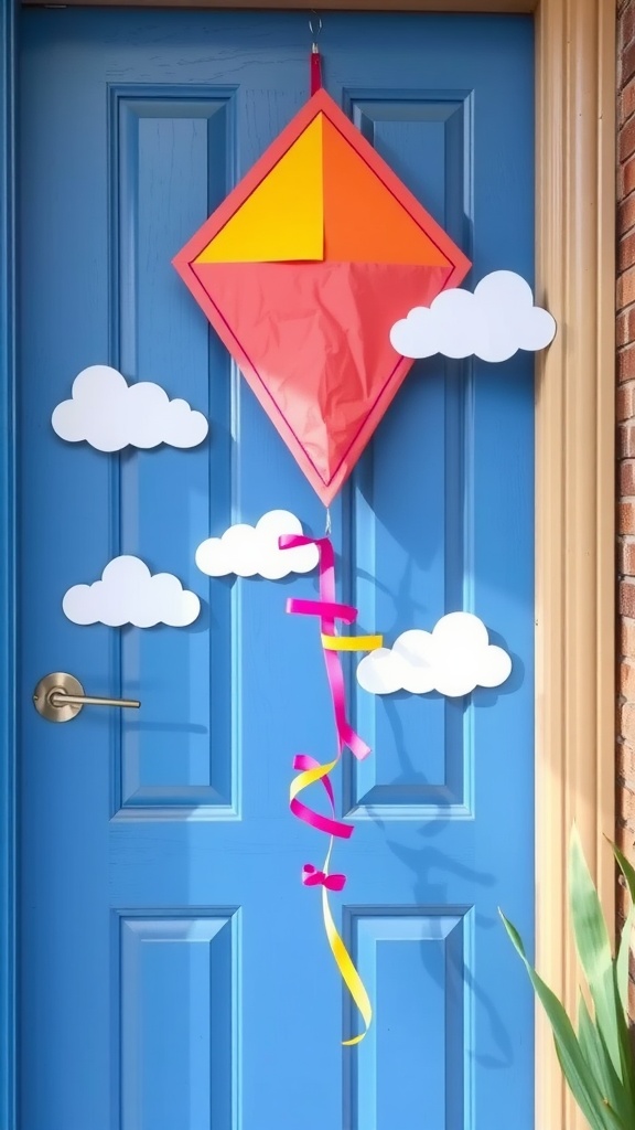 A DIY kite and clouds door hanger on a blue door, featuring a colorful kite and fluffy white clouds.