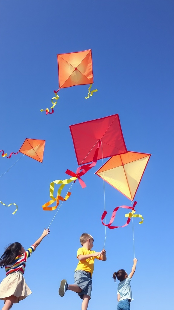 Children flying colorful kites in a clear blue sky