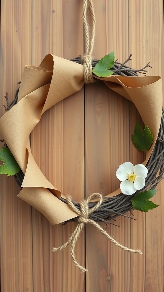 A wreath made of twigs, kraft paper, and twine, featuring a white flower and green leaves.