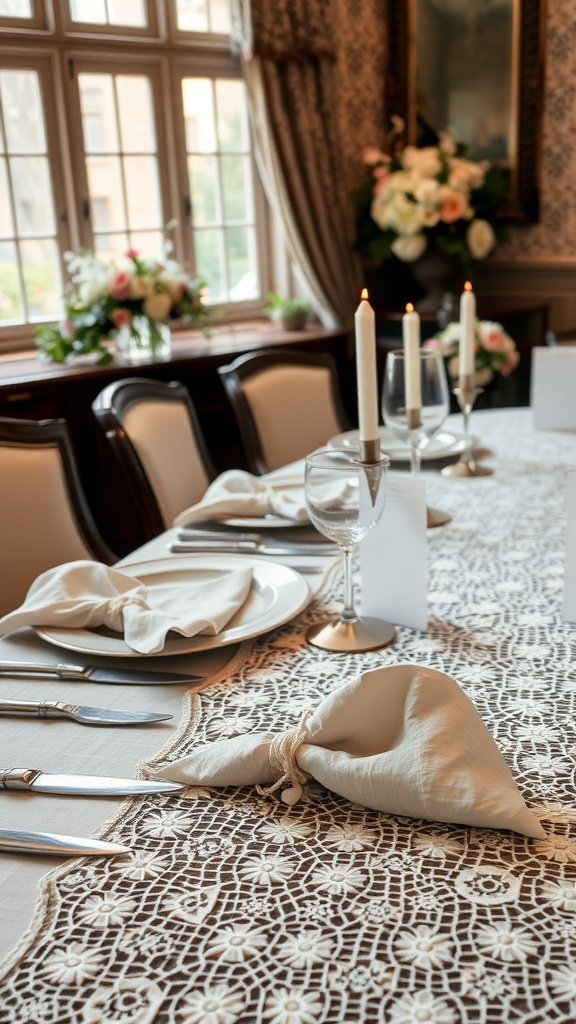 A elegantly set dining table featuring a lace table runner, linen napkins, and polished cutlery.