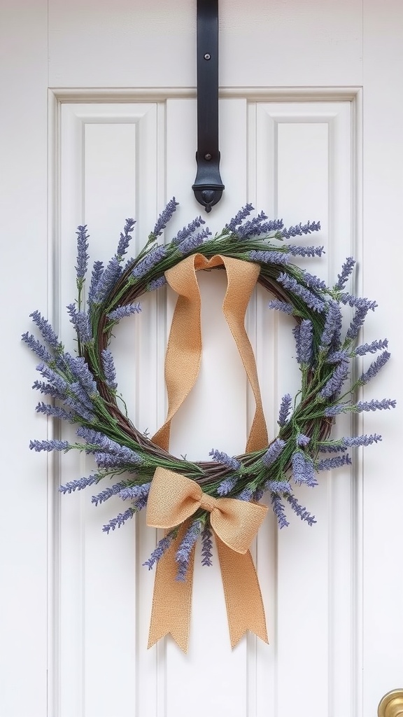 A lavender and burlap wreath hanging on a white door.