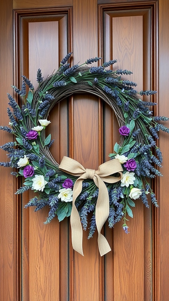 A lavender and eucalyptus wreath with purple and white flowers and a burlap bow, displayed on a wooden door.