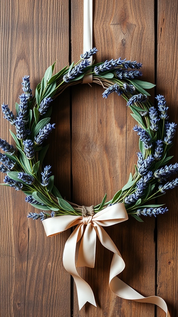 A floral wreath made of lavender and sage, adorned with a soft ribbon, hanging on a wooden background.