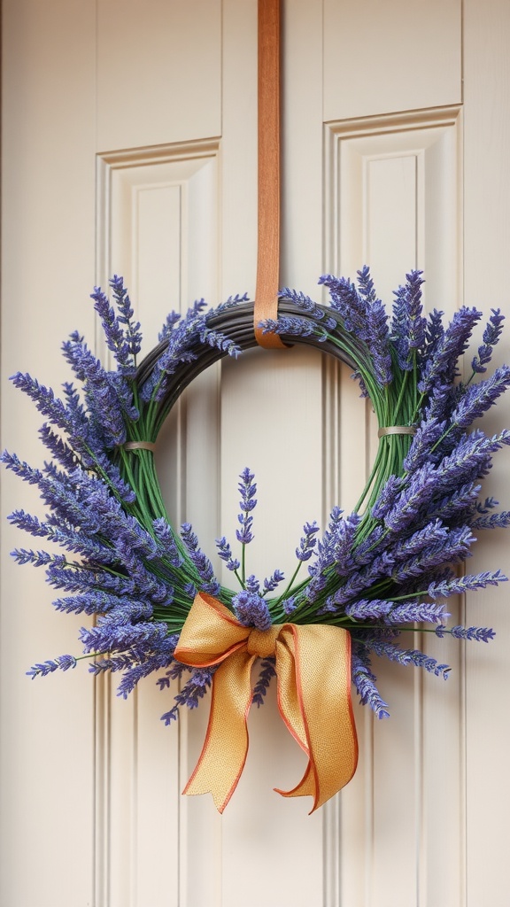 A lavender wreath with purple flowers and a golden ribbon hanging on a door.