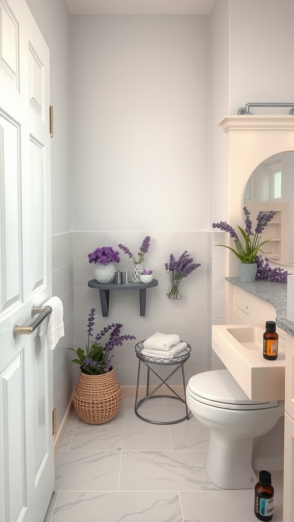 A bright bathroom with lavender flowers, soft towels, and a warm decor.