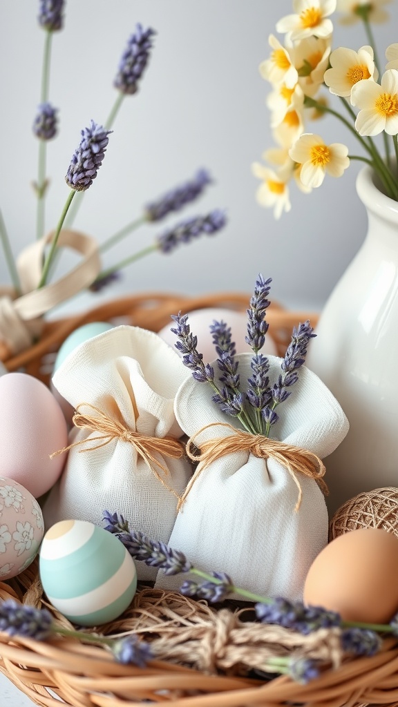 Lavender scented sachets with dried lavender, Easter eggs, and fresh flowers in a decorative basket.