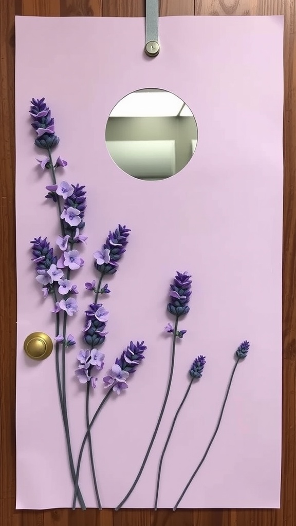 A pink door hanger featuring lavender sprigs arranged beautifully, with a circular cutout.