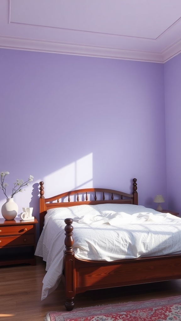 A cozy bedroom featuring lavender walls and dark wooden furniture.