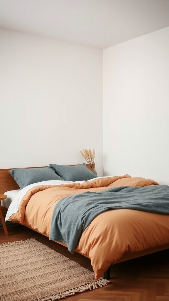 A cozy shared bedroom featuring layered bedding in orange and gray tones.