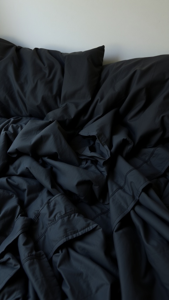 Layered black bedding textures featuring smooth and textured fabrics