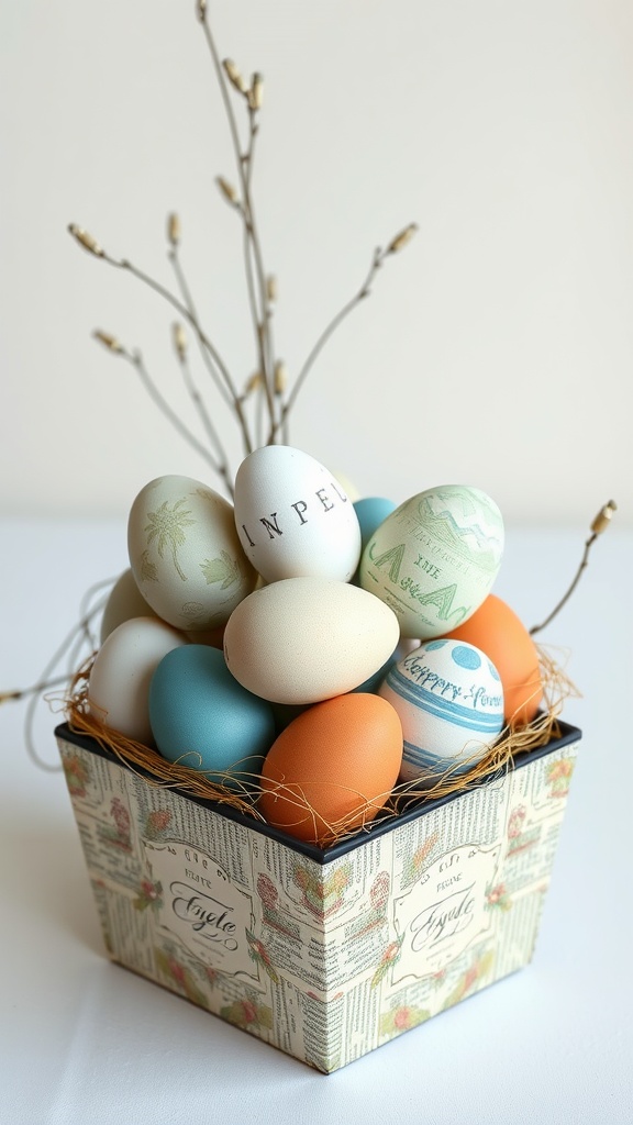 A decorative box filled with colored eggs and branches, creating a festive Easter centerpiece.