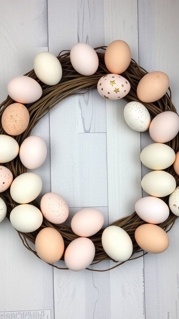 A layered wreath made of pastel-colored eggs arranged on a vine base.