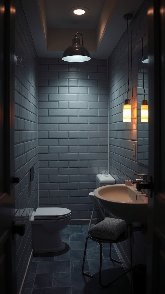 A small bathroom featuring layered lighting with a central ceiling fixture and pendant lights.