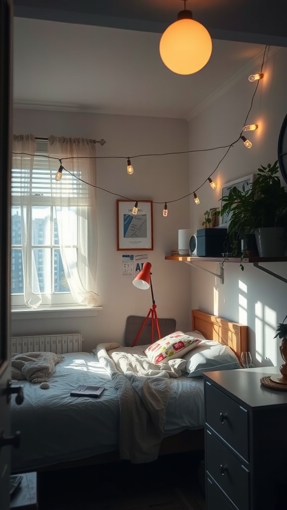 Cozy small shared bedroom with layered lighting including a pendant light, string lights, and a desk lamp.