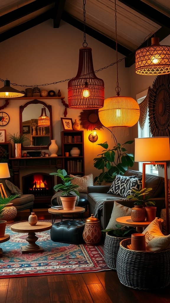 A cozy boho living room with various lighting options including pendant lights, table lamps, and floor lamps.