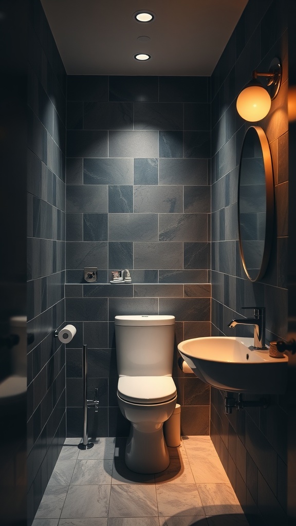 A small dark bathroom featuring layered lighting techniques with recessed lights and a wall-mounted fixture.