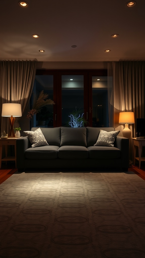 Cozy living room with dark gray couch, layered lighting and decorative elements.