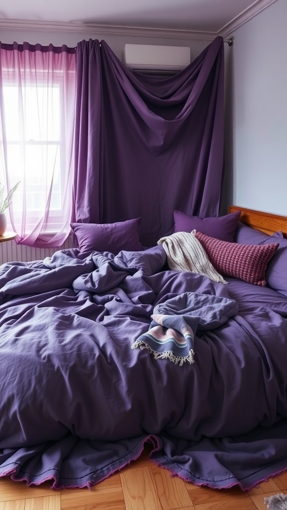 A cozy bedroom with layered purple textiles, featuring a messy bed and flowing curtains.