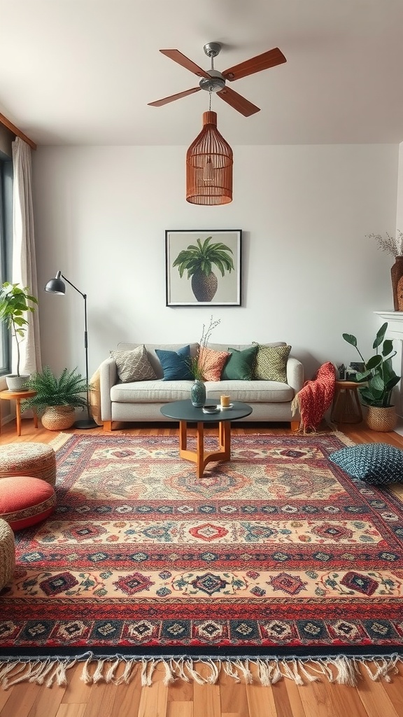 Boho living room with layered rugs and cozy decor