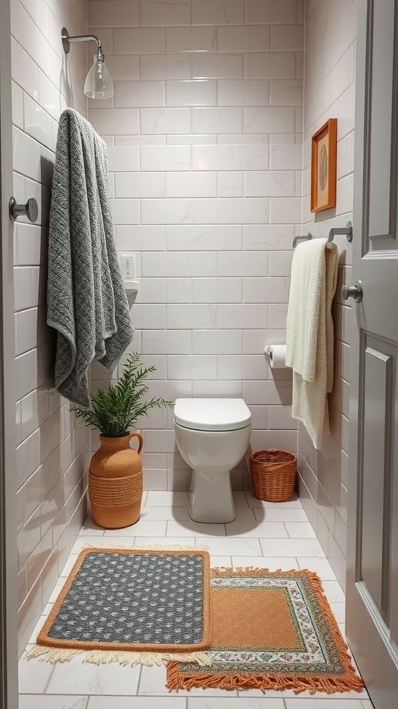 Small bathroom with layered textiles, including bath mats, towels, and a plant.