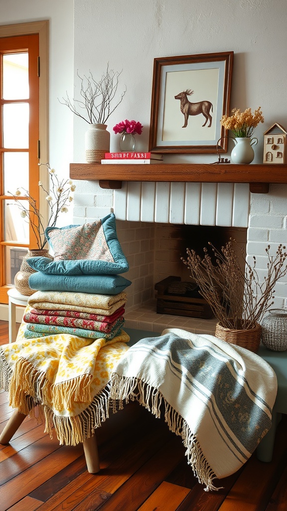 A cozy fireplace decor featuring layered textiles, including colorful throws and pillows, arranged neatly alongside decorative elements on the mantel.