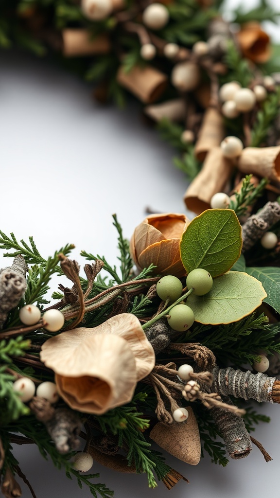 Close-up of a layered Easter wreath with natural elements like leaves, flowers, and berries.