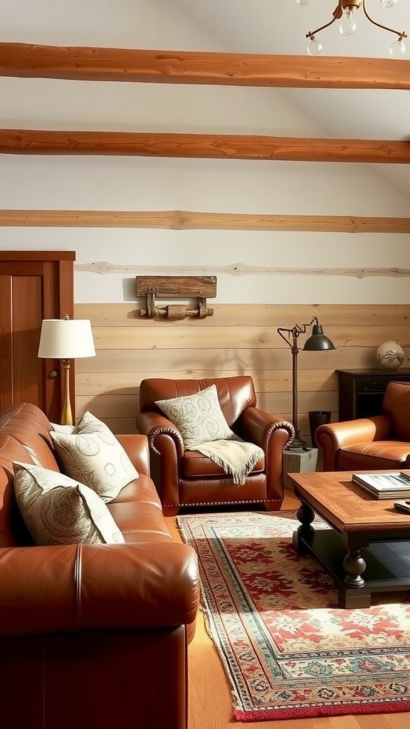 A cozy ranch-style living room featuring leather furniture, wooden beams, and a warm color palette.