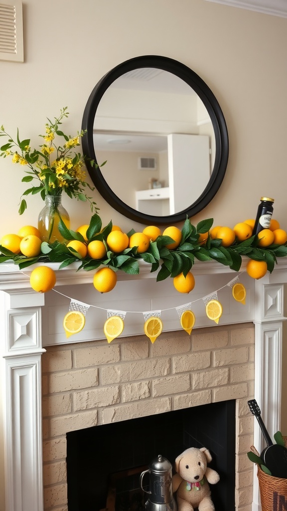 A bright and cheerful mantle decorated with lemons, leaves, and lemon-themed bunting, creating a fresh spring vibe.