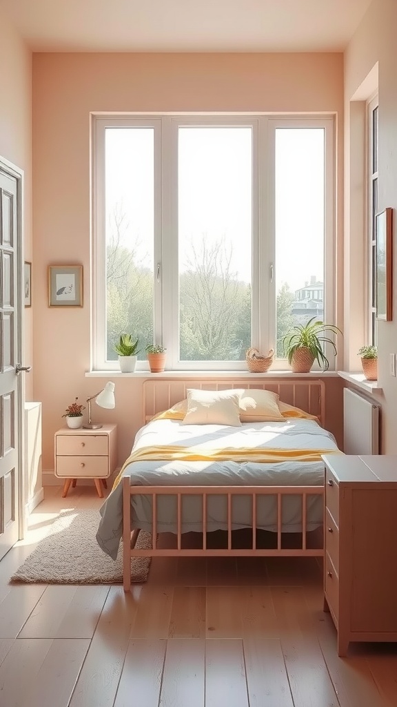 A light and airy shared bedroom featuring a peach-colored wall, large windows, and minimalistic furniture.