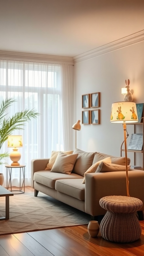 A cozy living room decorated for Easter, featuring soft lighting, a comfortable sofa, and playful bunny-themed lamps.